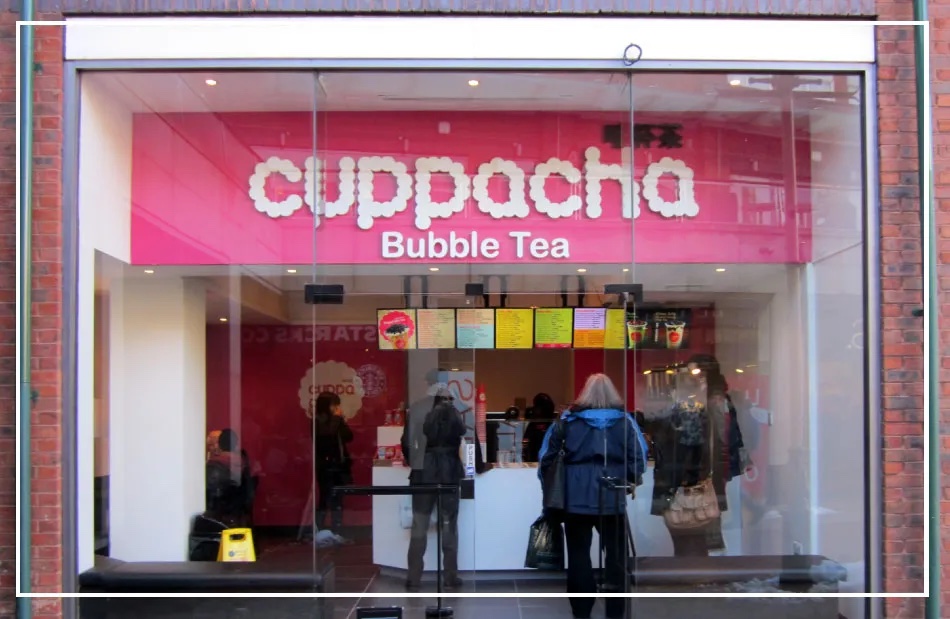 Cuppacha bubble tea shopfront in Orchard Square, Sheffield